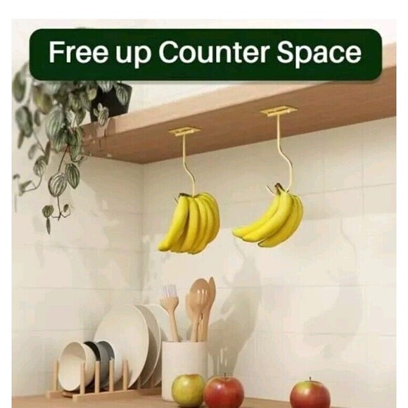 Folding Banana Hanger Hook - Banana Holder Under Cabinet, Self 2 Pack Gold - Picture 5 of 12